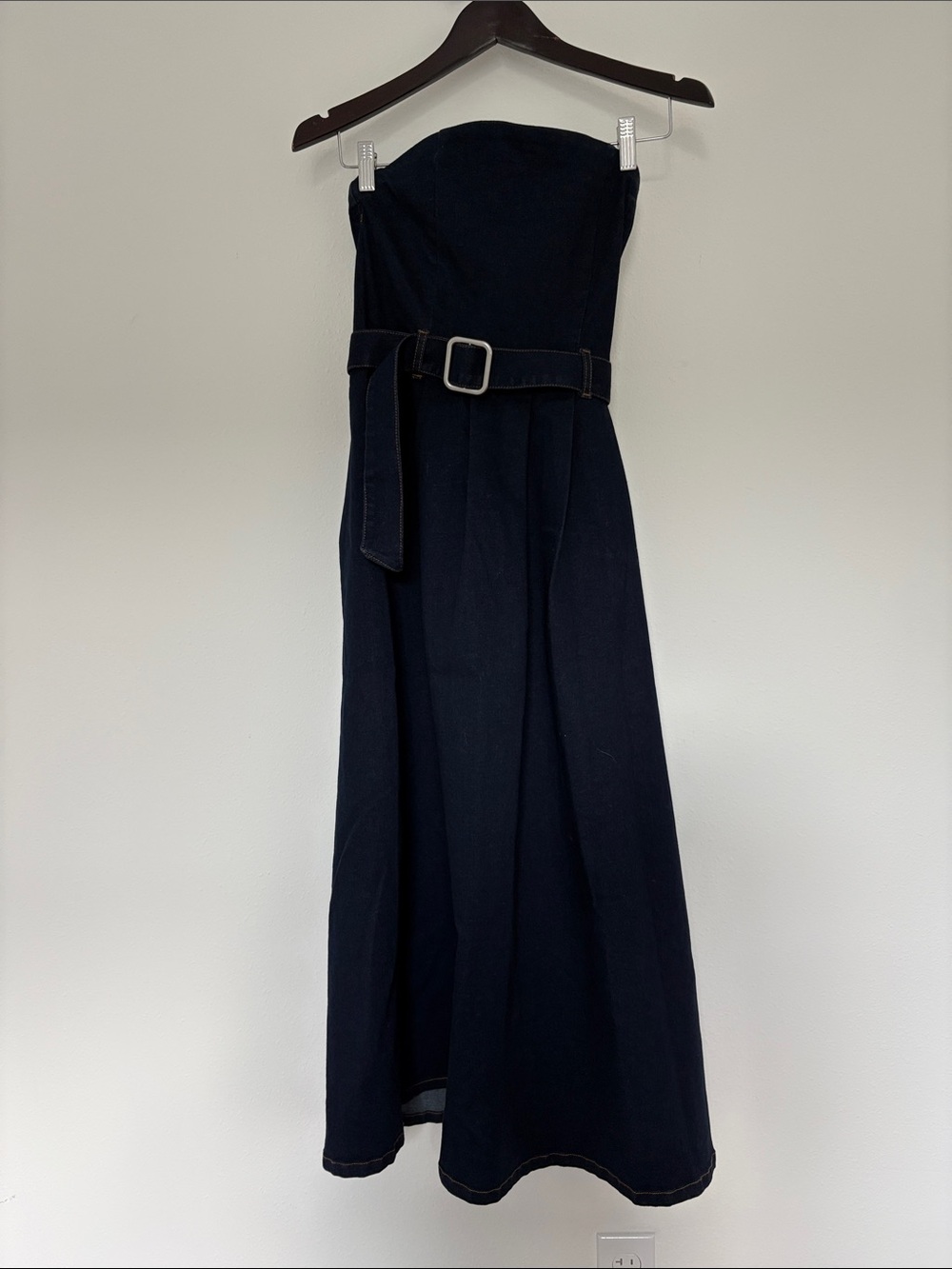Strapless Belted Denim Midi Dress